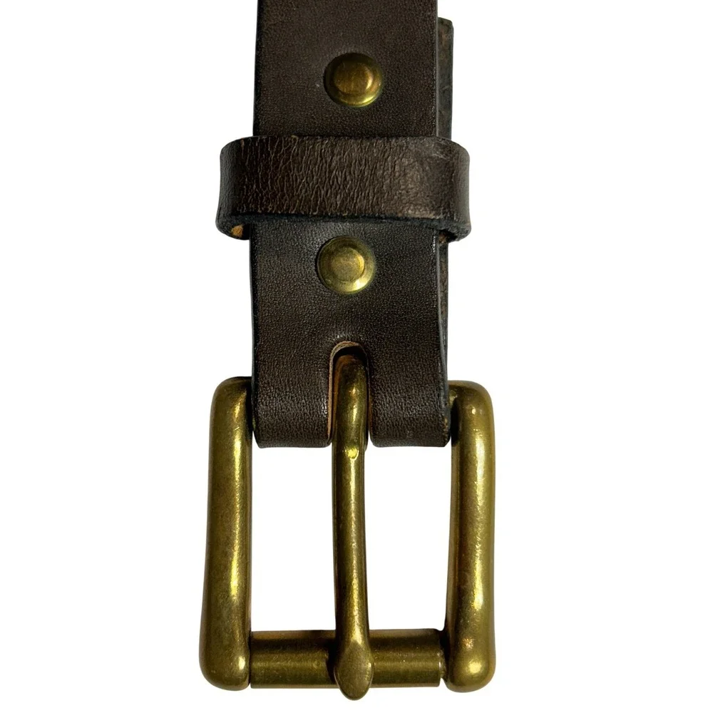 Dark‎ Brown Leather Belt Solid Brass Roller Buckle Casual Workwear 36